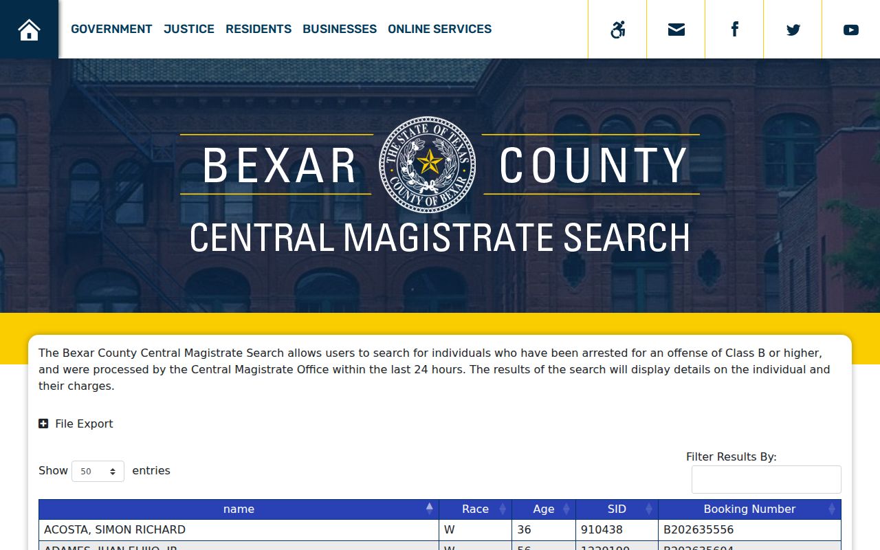 Bexar Central Magistrate interface showing recent arrest-processing record headings