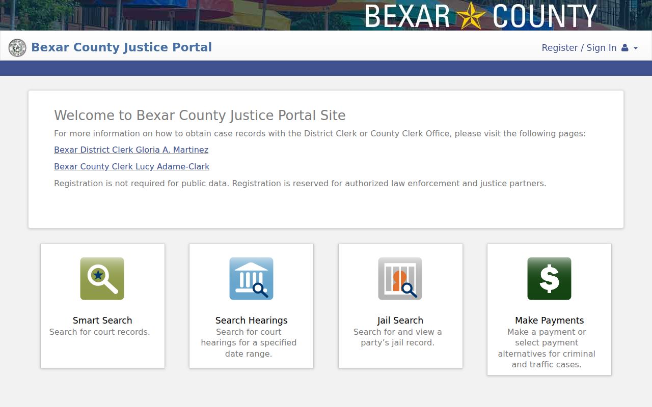Bexar Justice Information Portal search screen for Timberwood Park resident lookup research